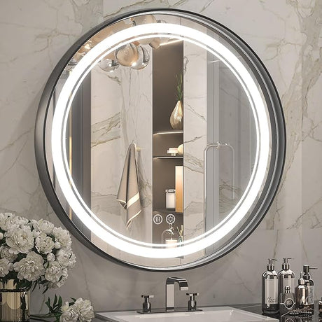 36 Inch LED Black Framed Round Mirror for Bathroom with Lights Wall Mounted Vanity