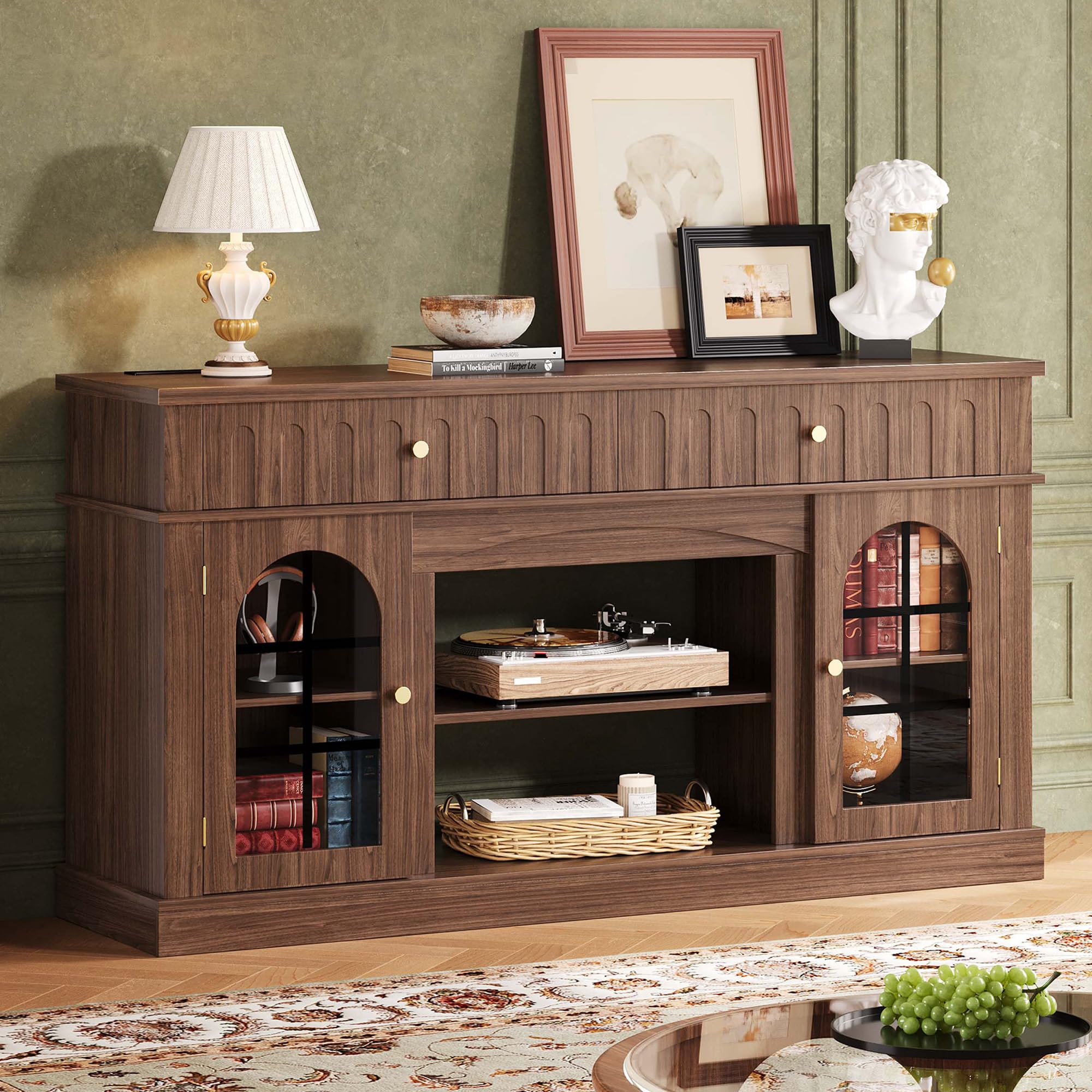 Mid-Century Modern TV Stand with Charging Station - 65 Inch Entertainment Center