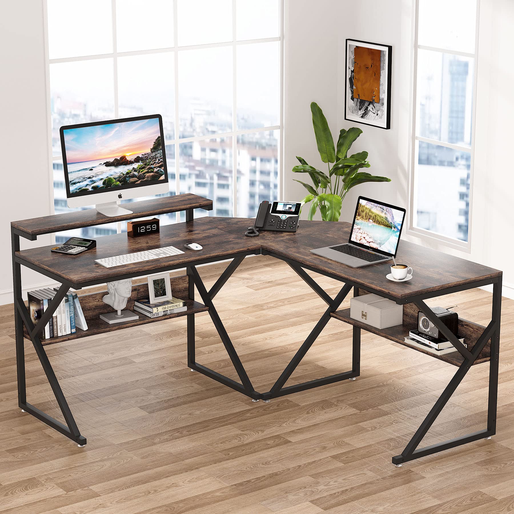 L Shaped Desk with Storage Shelves, 63 inch Industrial Corner Computer Desk