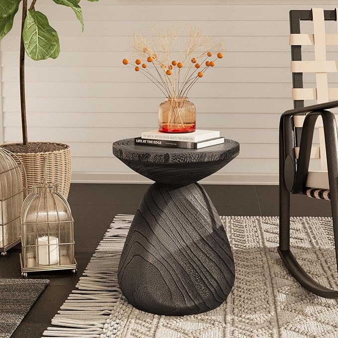 Outdoor Side Table w Chessboard, 14''Concrete Faux Wooden Garden Stool,