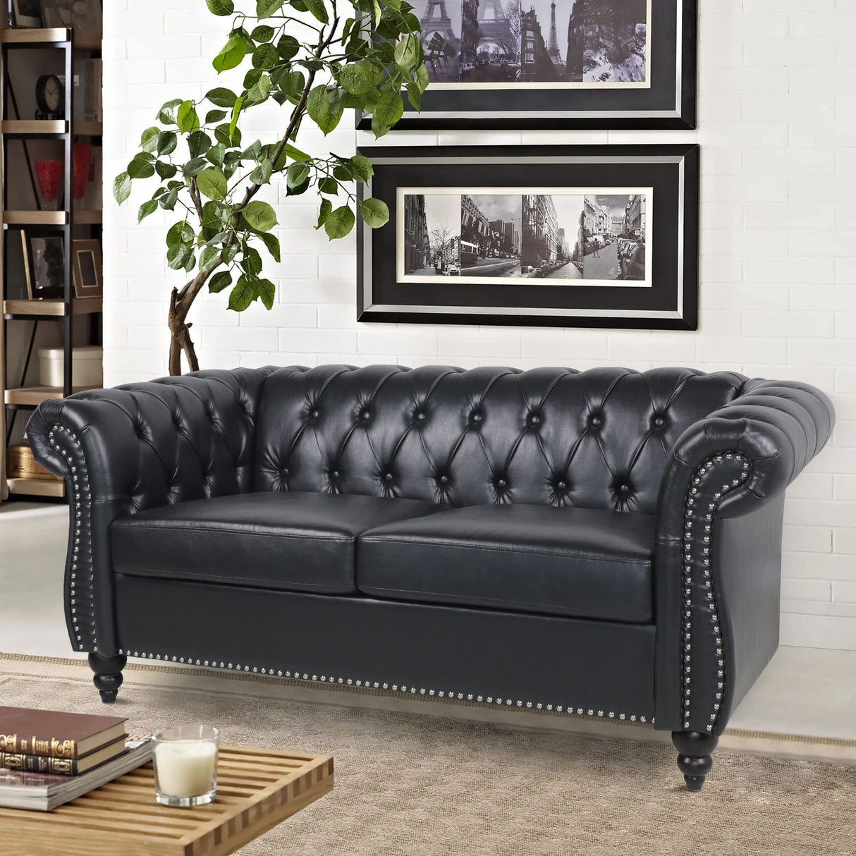 Chesterfield Loveseat Leather, Modern Upholstered Tufted Couch 2 Seater with Rolled