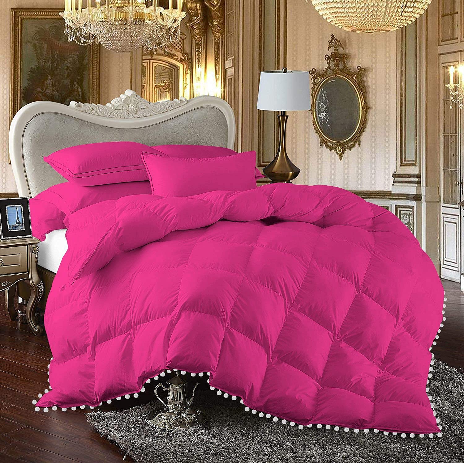 All Seasons 1 Piece Beautiful Looking Pom Pom Box Design Comforter 800 Thread Count 100% Egyptian Cotton, White Vintage Pom-Pom Fringe Super Soft (Oversized Super King Size Hot Pink Color)