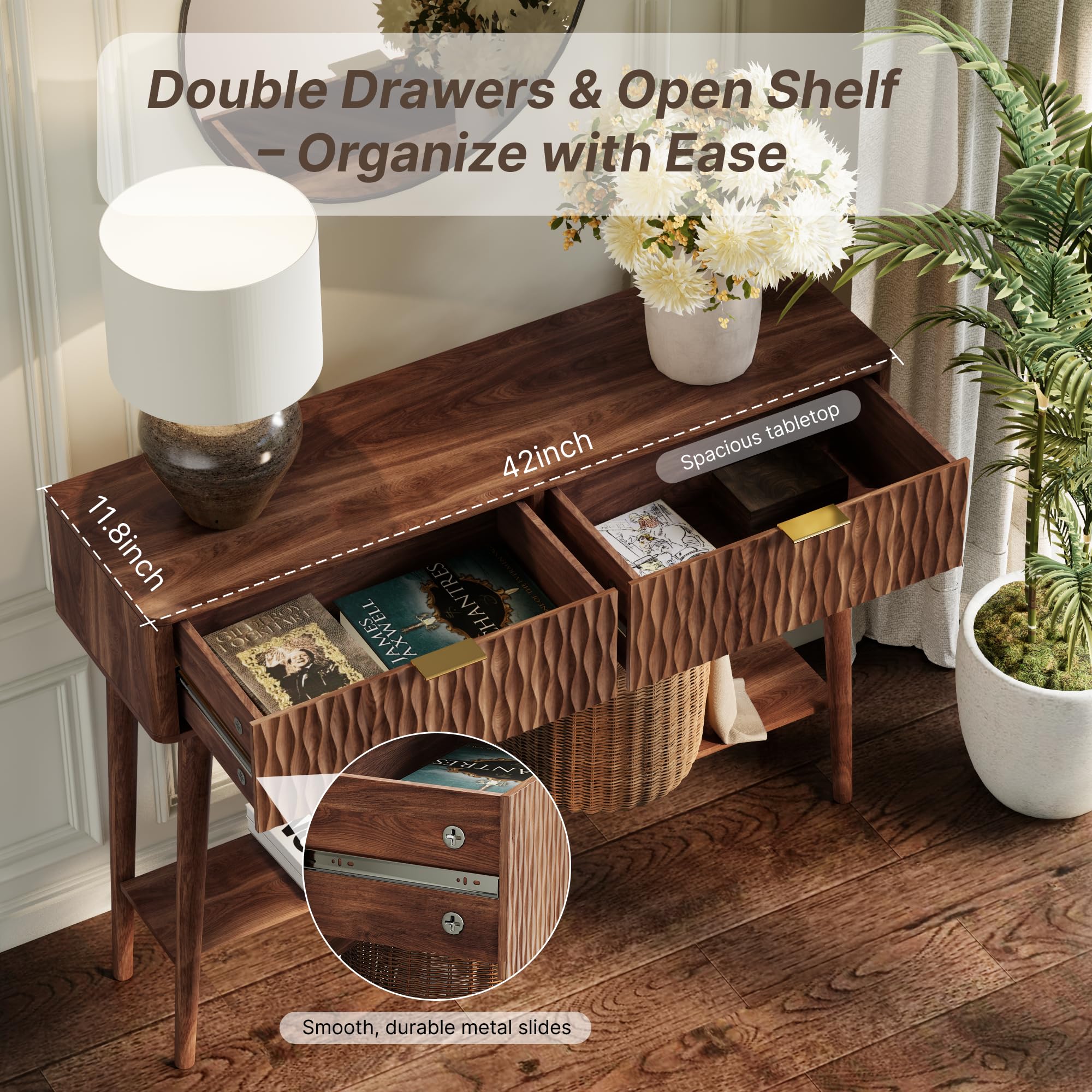 Fluted Console Table with Storage Drawers - Walnut