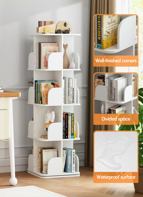 Bookshelf, Small Corner Bookshelf for Small Space, 360 Display 4 Tier Floor Standing