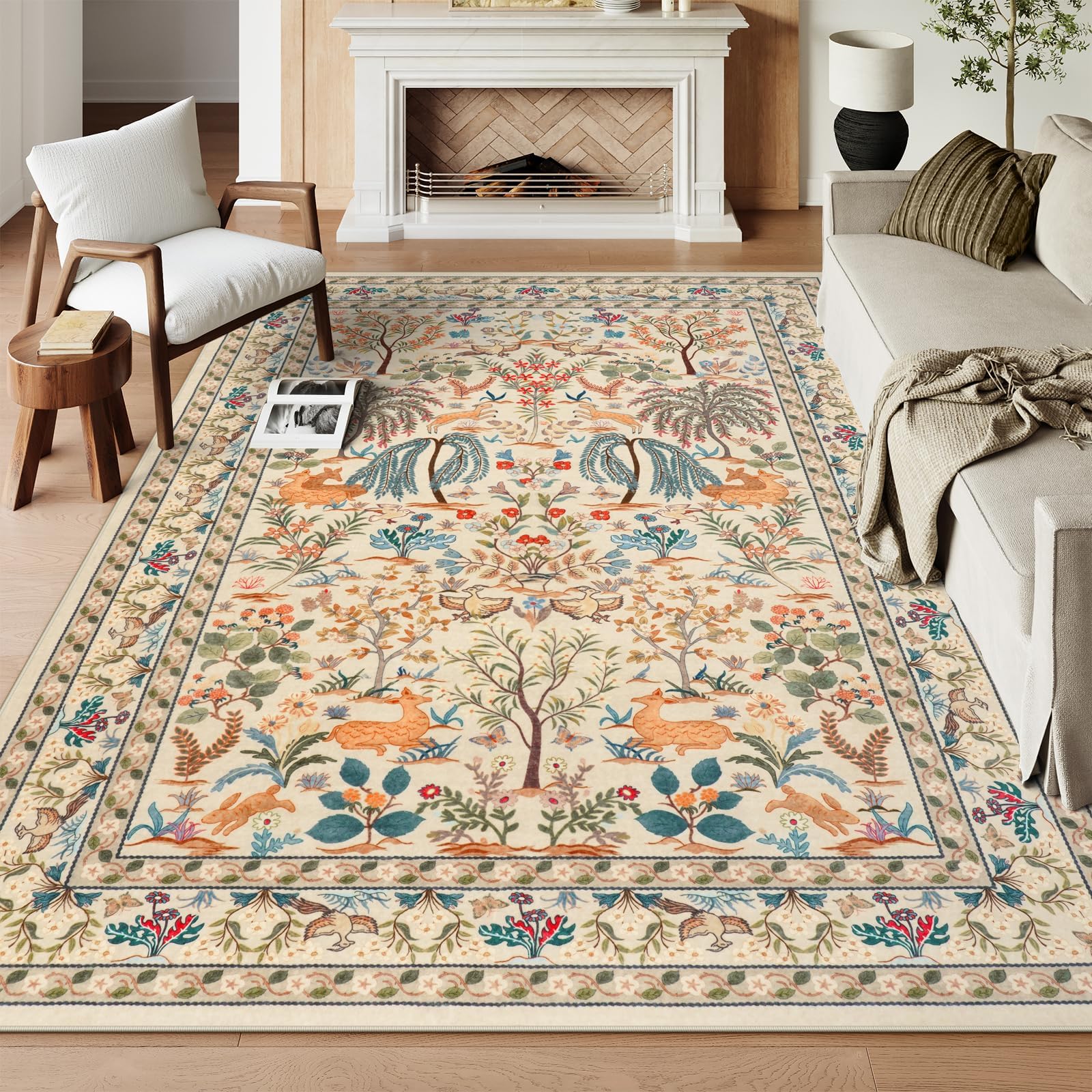 OJIA 8x10 Area Rugs for Living Room Bedroom Large Washable Rugs, Thin Boho Beige Nursery Rug Non-Shedding Kids Playroom Rug Floral Stain Resistant Large Carpet Accent Rugs for Dining Farmhouse