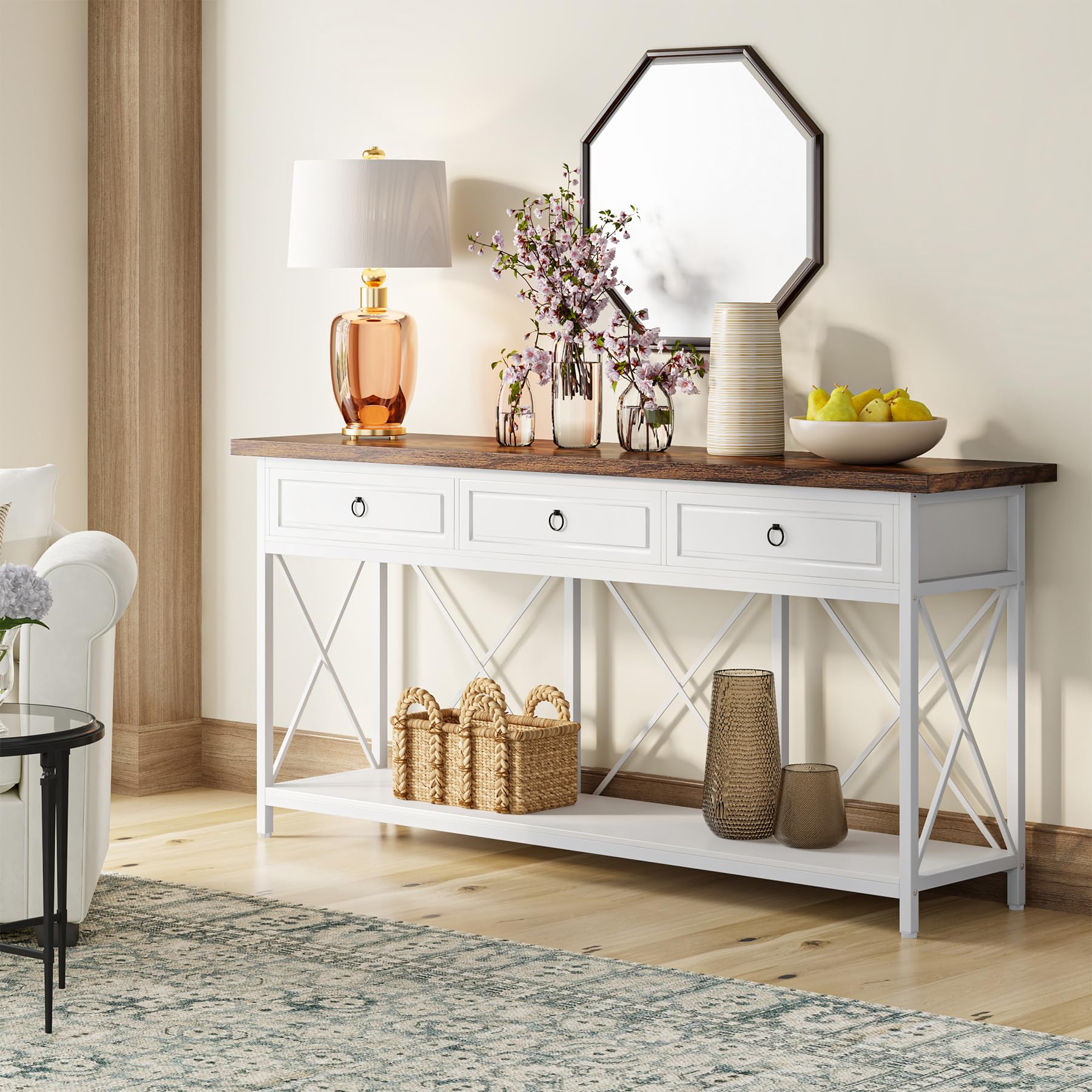70.8" Console Table with 3 Drawers, Farmhouse Entryway Table with Storage Shelf