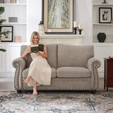 Nailhead Sofa, 66" Small Couch with Rolled Arms, Chenille Fabric Loveseat w/Springs Seat Cushion, Vintage Curved Back, Turned Wood Legs, Comfy Couch for Living Room, Bedroom, Farmhouse, Beige