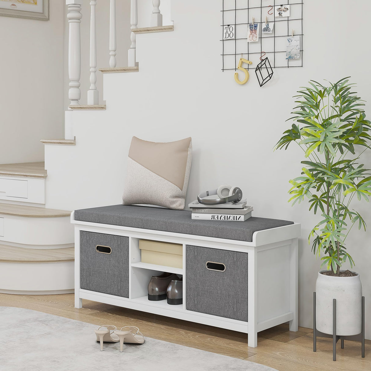 Shoe Bench with Cushion, Storage Bench for Entryway with Padded Seat, 2 Drawers and Adjustable