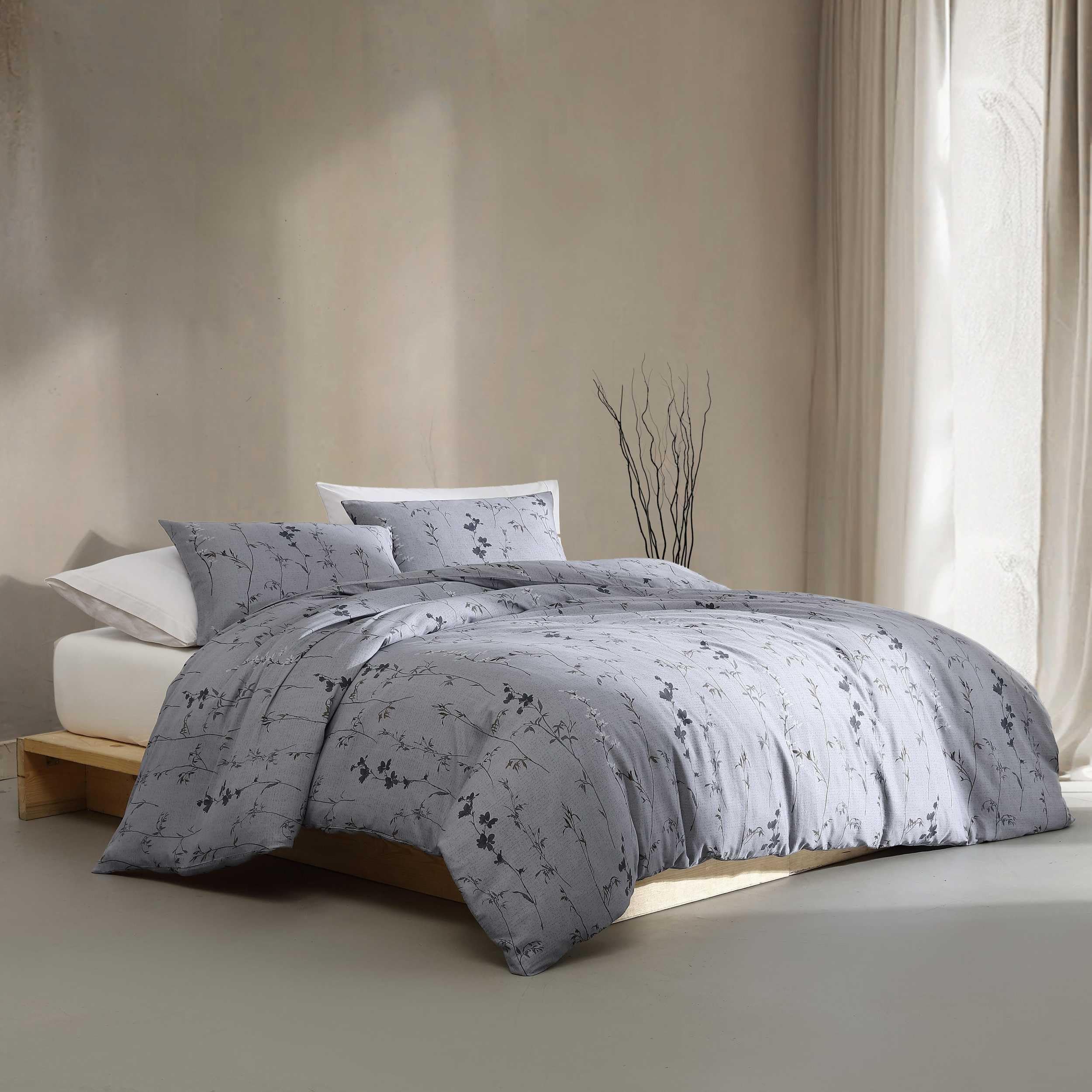 Cotton Sateen Comforter Set with Shams - Floral Design, King