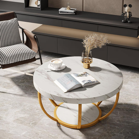 Tribesigns Modern Coffee Table, 2 Tier Round Coffee Table with Faux White Marble and Golden Metal Legs,