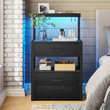 Nightstand with Charging Station and LED Lights, LED Night Stand with 2 USB Ports and 2 AC Outlets,