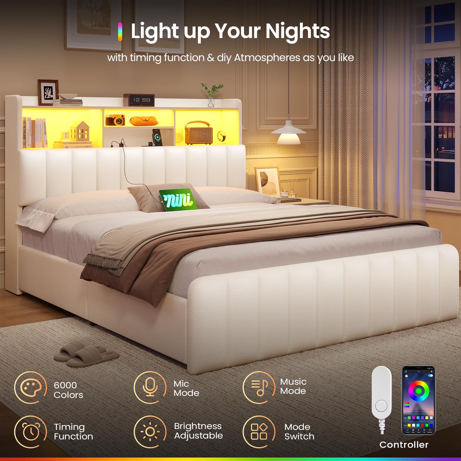 Full Size Bed Frame with Bookcase Headboard and Storage Drawers