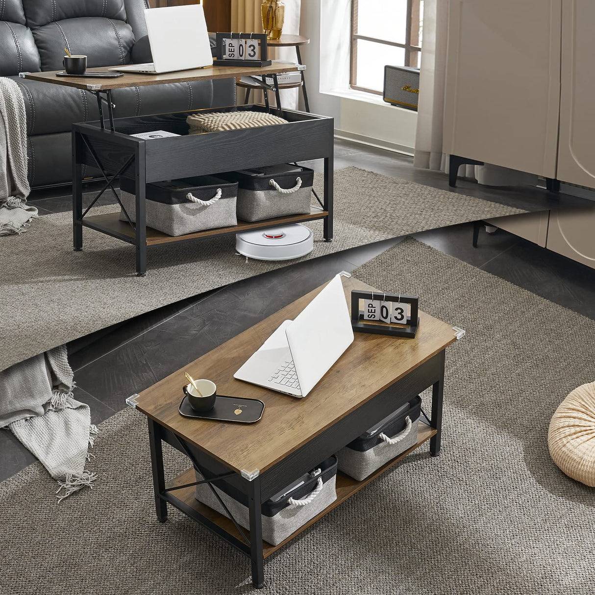 Lift Top Coffee Table with Two Free HQ Cloth Bins Storage, Farmhouse Grey Black, Small