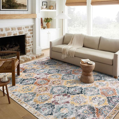 Camilla Boho Area Rug, 5'×7' Washable Oriental Accent Rug, Non-Slip Traditional Floral