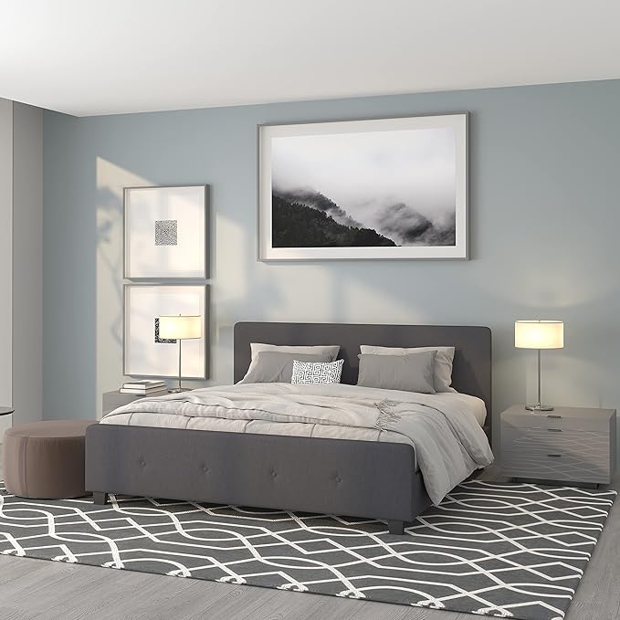 Tribeca King Size Tufted Upholstered Platform Bed in Beige Fabric
