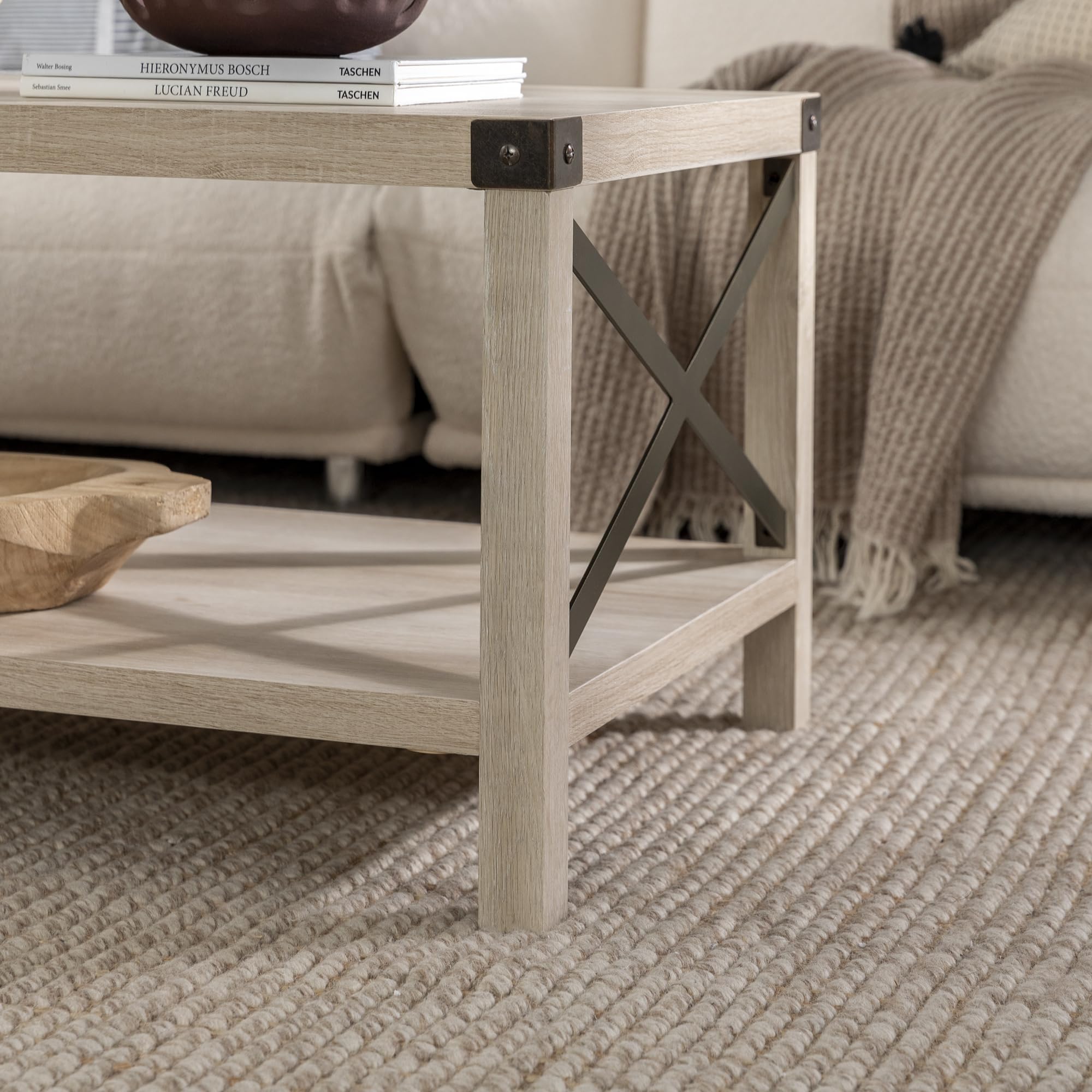 Sedalia Modern Farmhouse Metal X Coffee Table, 40 Inch, White Oak