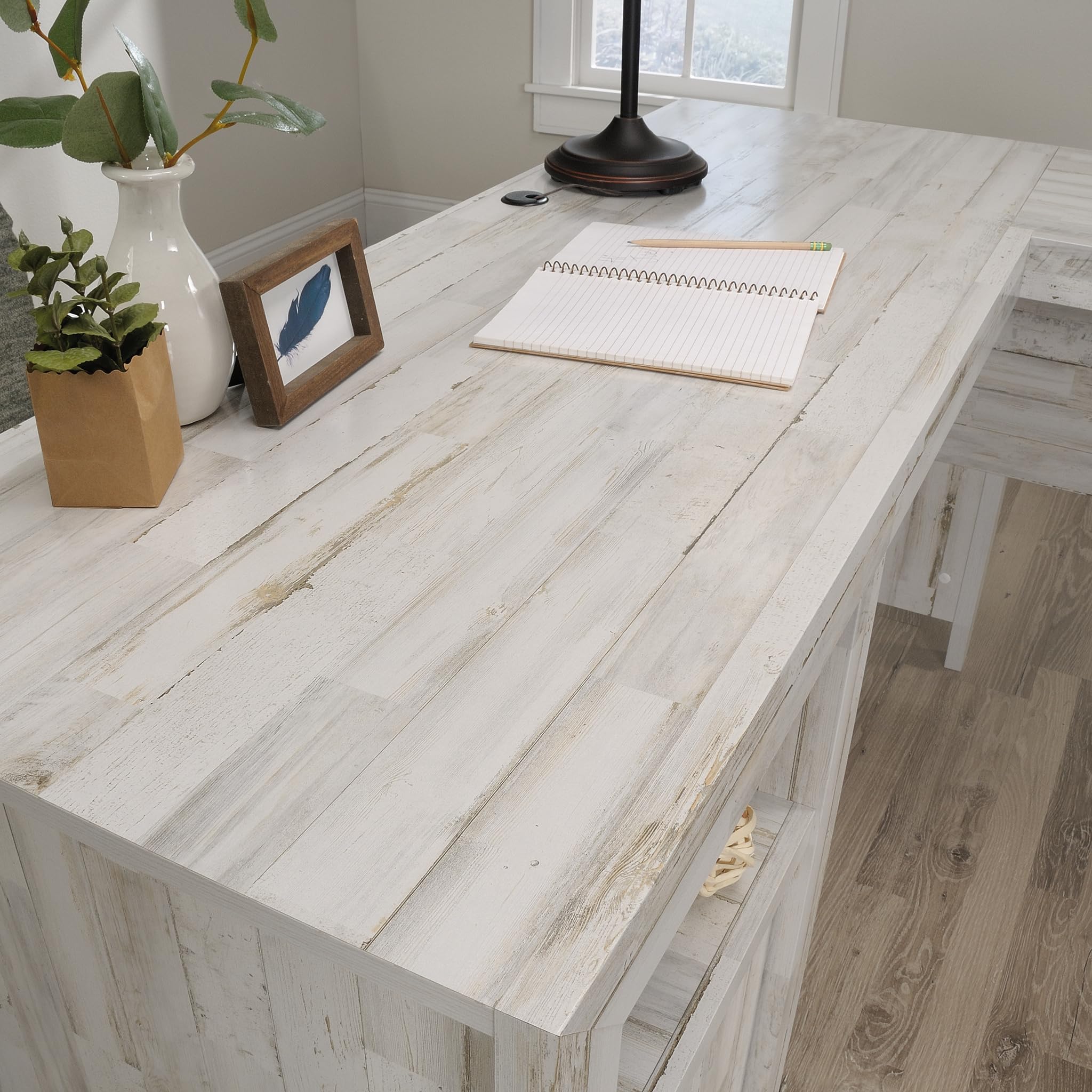 DakotaPass 60W L-Shaped Rustic Office Desk – White Off White Finish
