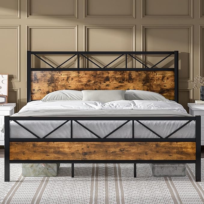 Full Size Bed Frame with 51" Tall Headboard, Industrial Platform Bed with Strong Metal