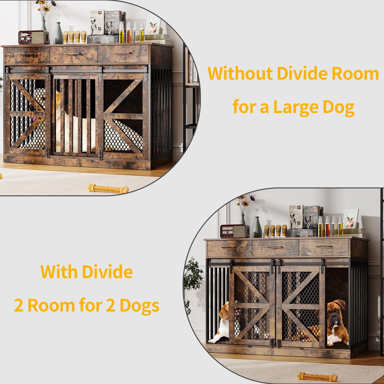 48" Double Dog Crate Furniture with Divider & Storage Drawers