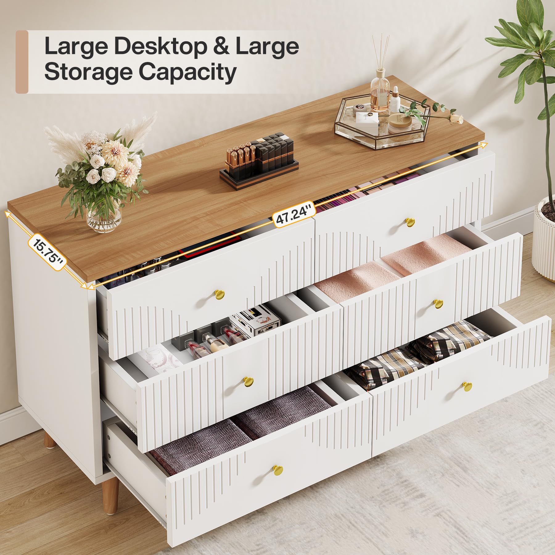 6 Drawer Dresser, 47 inch Modern White Dresser for Bedroom