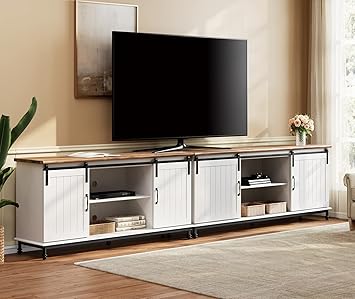 70'' Farmhouse TV Stand for 75 Inch TV, White Entertainment Center with Sliding Barn