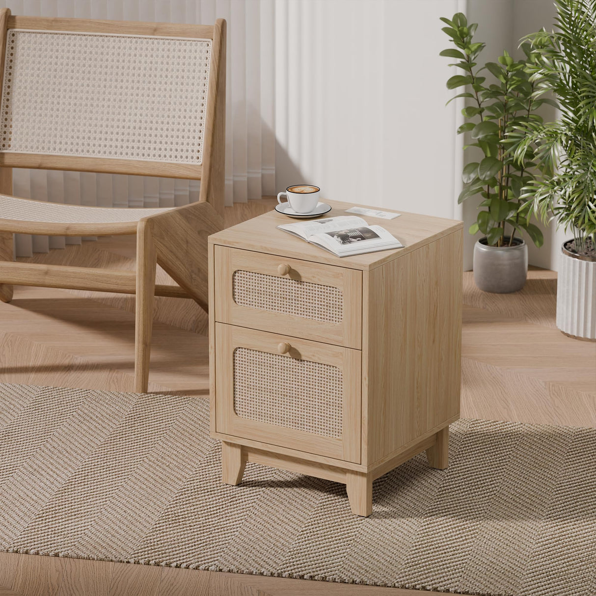 Modern Rattan Nightstand Set of 2, Wicker Rattan Stand with Drawer and Charge Station