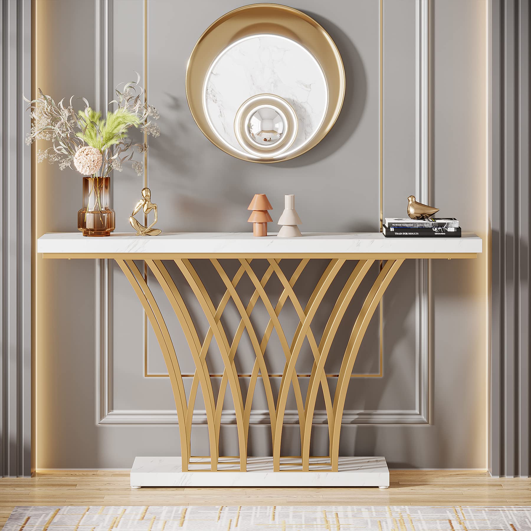 59-Inch Gold Console Table with Faux Marble Top