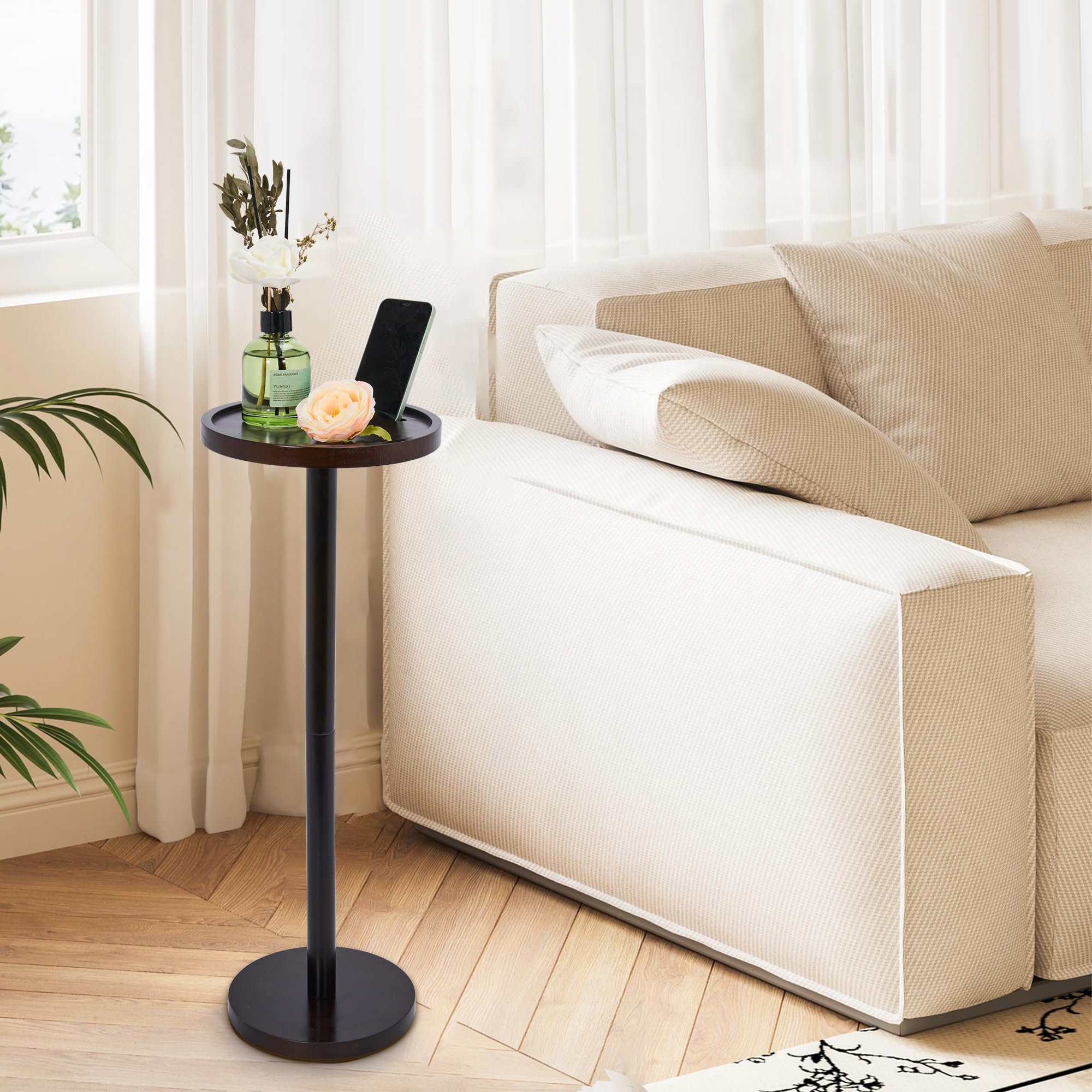 GENMOUS Small Round Pedestal Side Table, End Table with Phone Holder, Vintage Pine Side Table with a 9 inch Top, Drink Table/Night Stand/Beside Table for Samll Spaces, Living Room, Bedroom