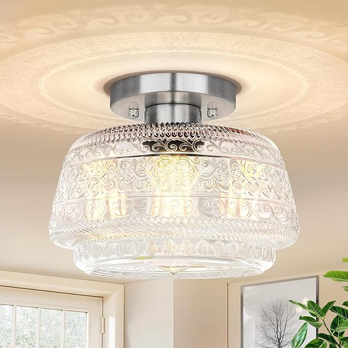 Semi Flush Mount Ceiling Light, Globe Glass Ceiling Light Fixture, Black Close to Ceiling