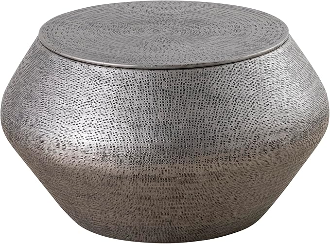 Modern Round Aluminum Hammered Embossed Texturing Metal Drum Side Table