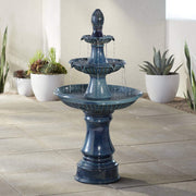 Modern Outdoor Cascading Floor Water Fountain with LED Light 3-Tier Teal Blue Ceramic 46"
