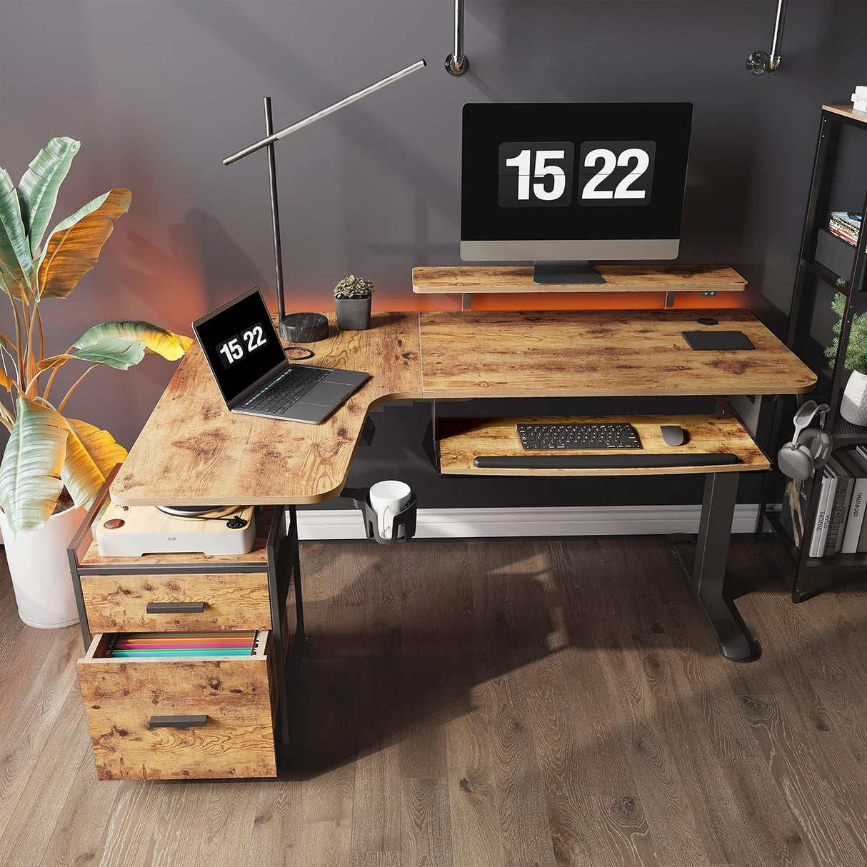 ERGONOMIC Standing Desk with Keyboard Tray, Computer Desk, 61" L Shaped Electric Adjustable Height