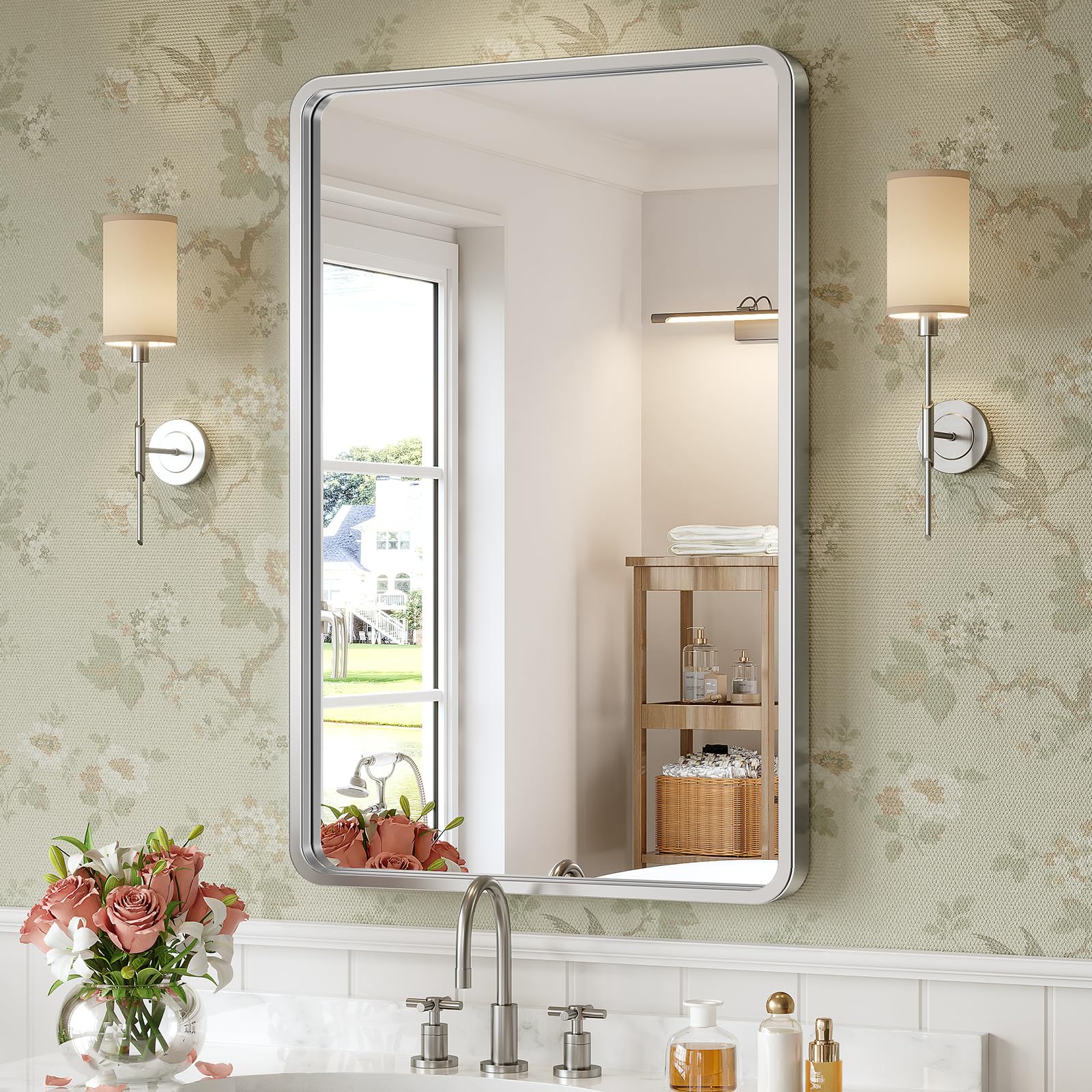 Silver Bathroom Mirror for Wall, 24x36 Inch Rectangular Metal Framed Mirror
