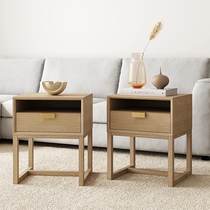 32704 Harper Mid-Century Oak Wood Nightstand with 2-Drawers, Small Side End Table