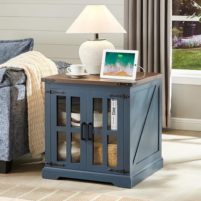 Farmhouse End Table with Charging Station,24" Large Sofa Side Table