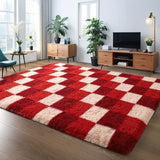 Luxury Fluffy Plaid Rugs for Bedroom Living Room, 4x6 Feet Burgundy Checkerboard Area Rug,