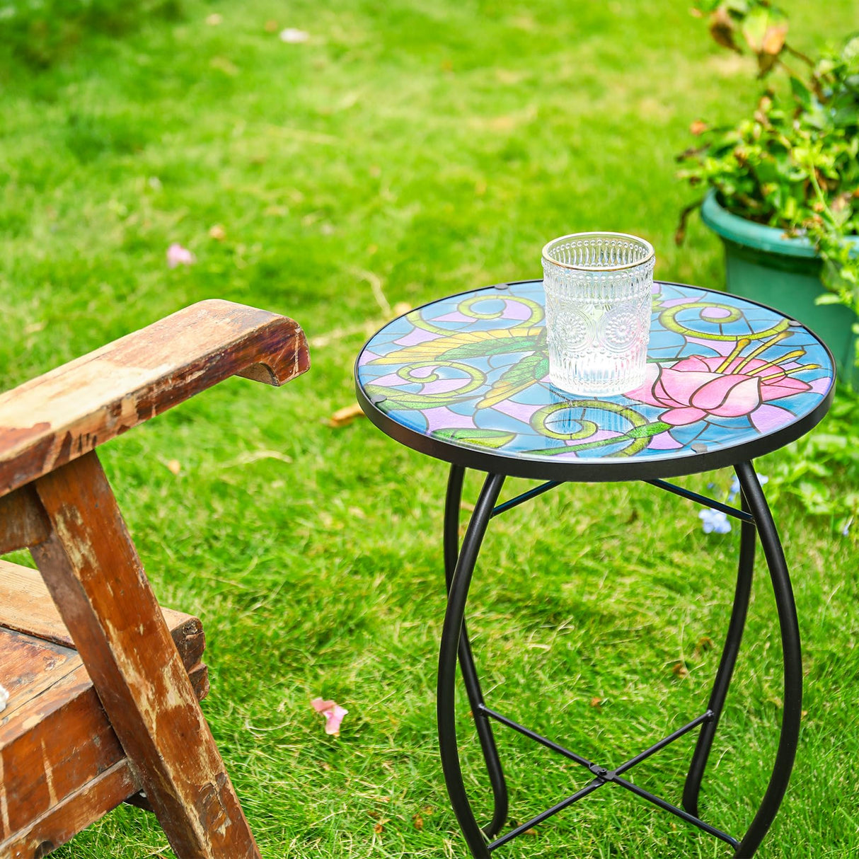 VCUTEKA Mosaic Patio Side Table Outdoor Accent Table Bistro Coffee Table Plant End Table Small Porch Table Indoor Round Glass Balcony Hummingbird Plant Table Stands - Bircata