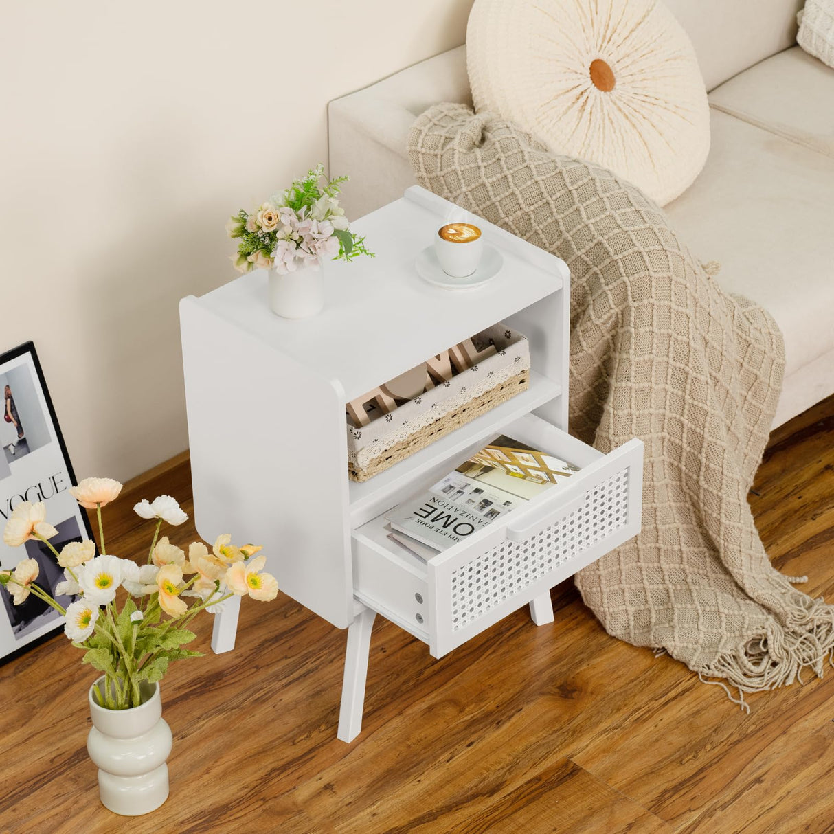 Rattan Nightstands Set of 2, Side Table with Drawer Open Shelf, Cane Accent Bedside End Table with Solid Wood Legs, Mid Century Modern Night Stand for Bedroom, Dorm and Small Spaces (White)