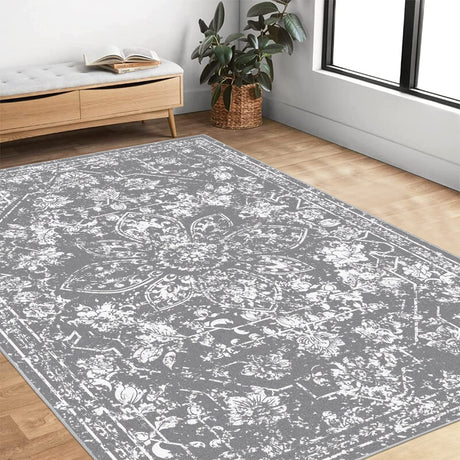 Pauwer Vintage Area Rug 4x6, Distressed Floral Faux Wool Throw Rug, Non Slip Boho Hallway Area Rug, Washable Low-Pile Carpet for Kitchen Living Room Bedroom,(4'x6', Grey)