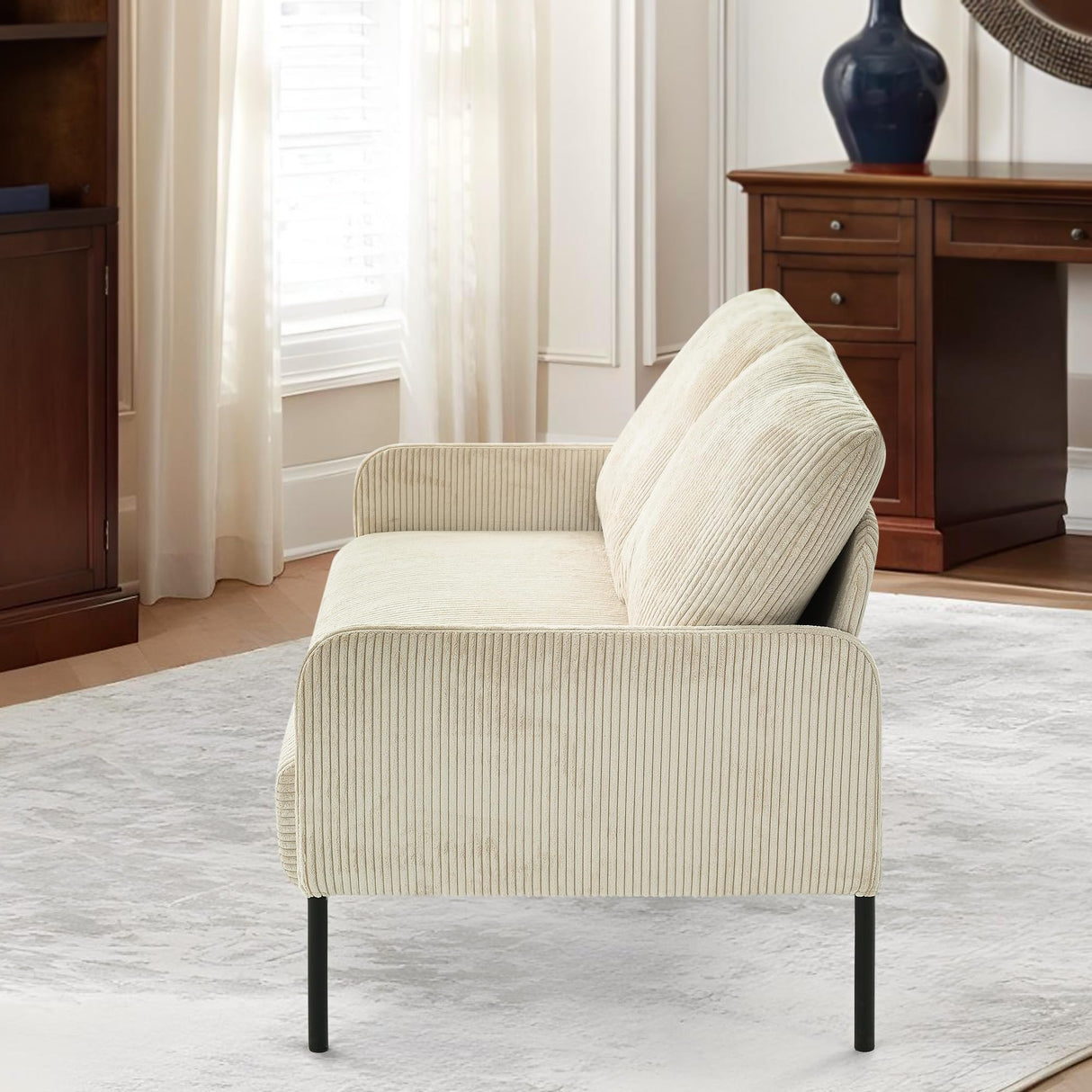 44" W Beige Loveseat Sofa Chair, 2-Seater Modern Corduroy Couch with Pillows