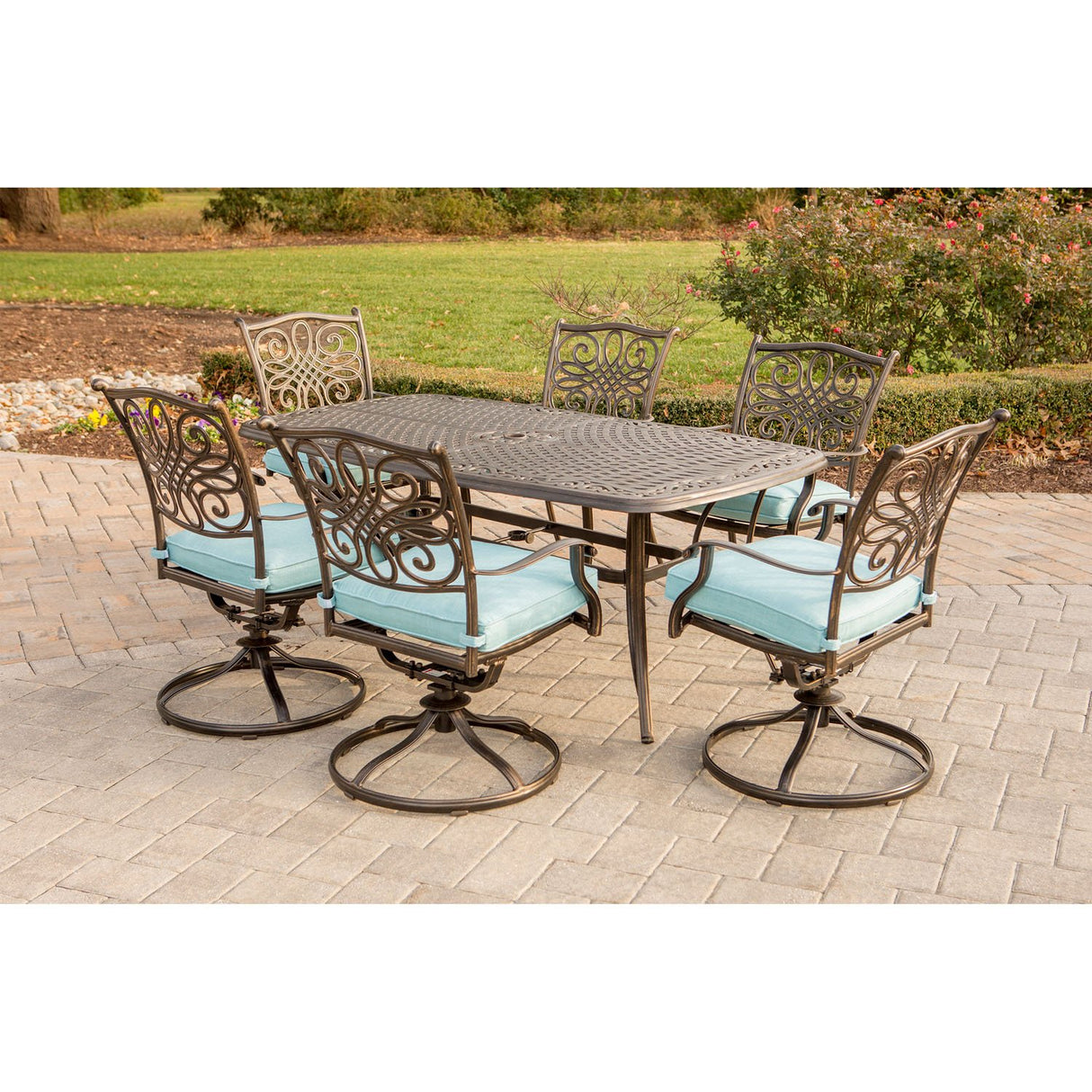 Traditions 7-Piece Outdoor Dining Set for 6 with Blue Cushions