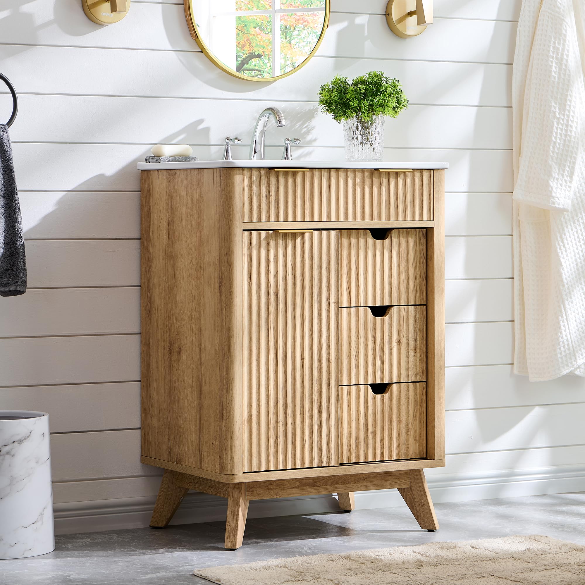 24" Fluted Bathroom Vanity with Ceramic Sink Combo，Freestanding Small Modern Bathroom Storage Vanity Cabinet