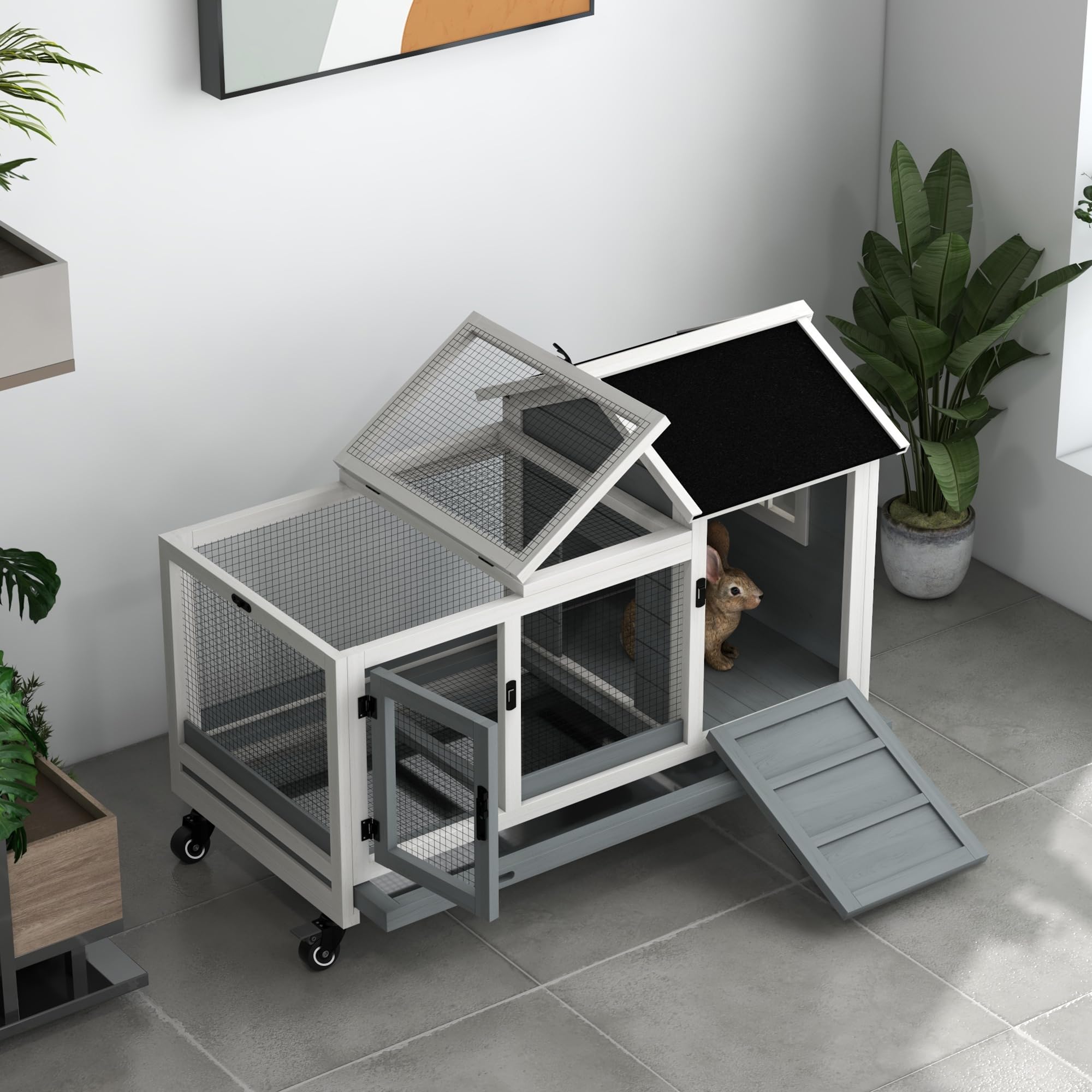 Indoor Outdoor Wooden Rabbit Hutch with Wheels, Large Bunny Hutch