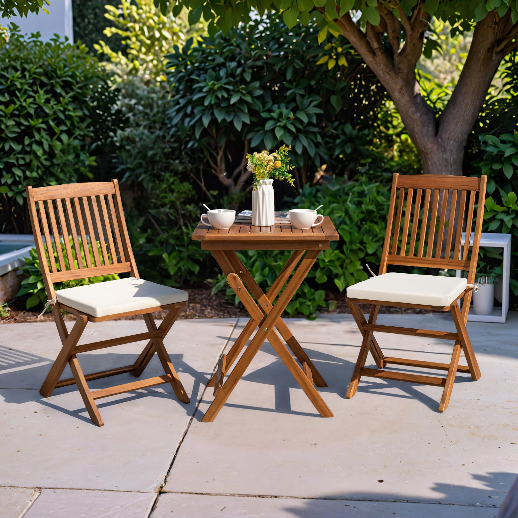 3 Piece Patio Folding Furniture Bistro Set with 2 cushions for Pool Beach Backyard Balcony