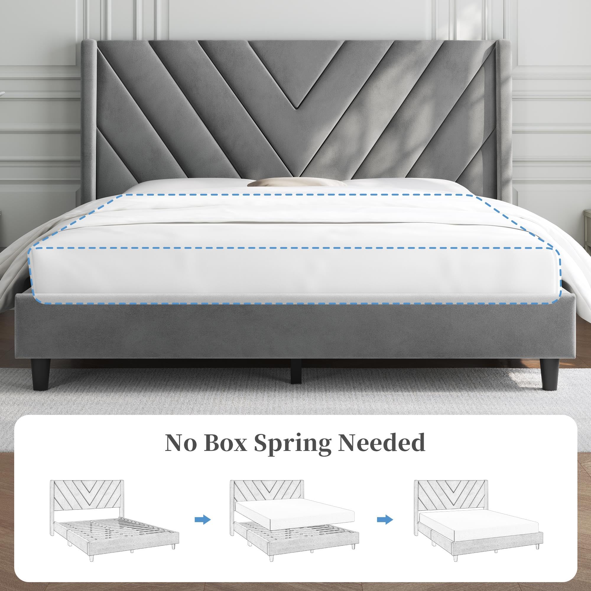 Queen Bed Frame Upholstered Platform Bed with Wing Side/Wooden Slat Support/Tufted