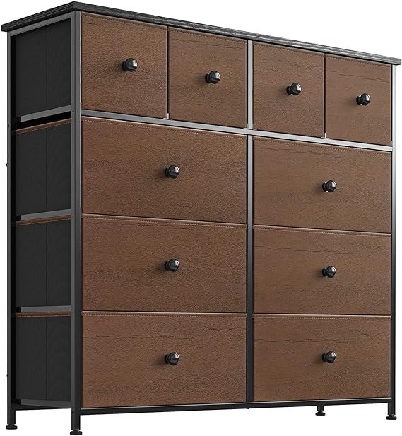 10 Drawer Dresser for Bedroom Fabric Storage Tower Wide Black Dresser with Wood