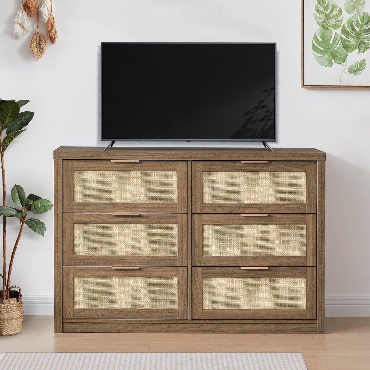 OAKHAM HOME Hampstead Dresser for Bedroom, Rattan 6 Drawer Dresser, Boho Chest of Drawers, Wood Closet Dresser TV Stand for Living Room Hallway, 52.76" W x 17.72" D x 31.69" H