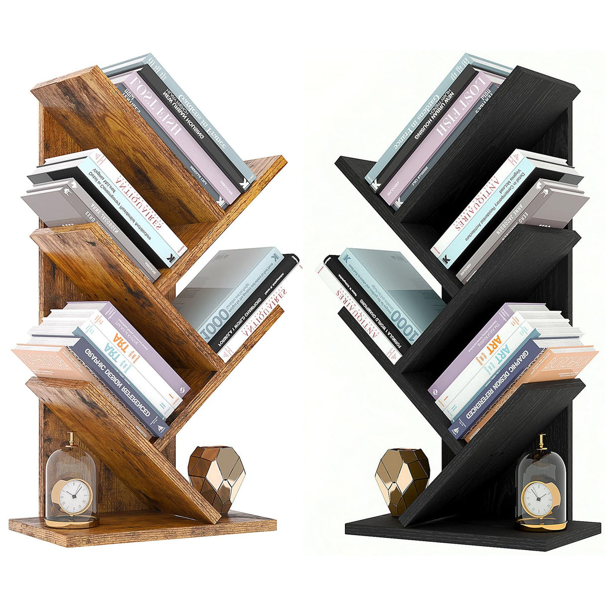 YMYNY 4 Tiers Tree Bookshelf, Retro Brown +Black,HBC014H+HBC014B