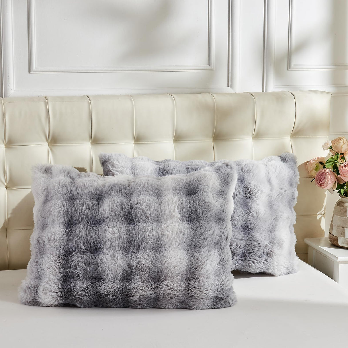 Fluffy Comforter Cover Set-Rabbit Fluff Faux Fur Duvet Cover King Size,Gray White