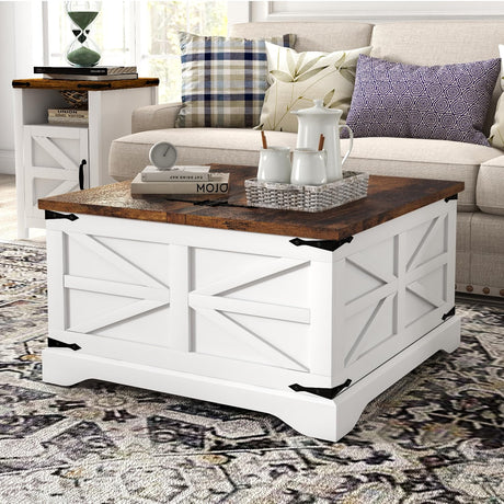 oneinmil Modern Farmhouse Coffee Table, Square Wood Center Table